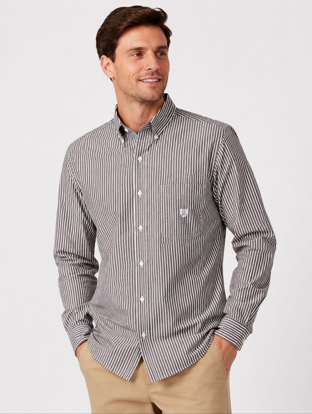 Chaps Brown And White Striped Button Down Shirt.